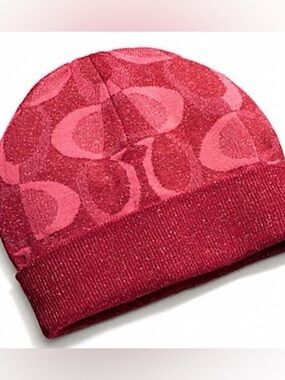 Coach Red/Hot Pink Signature C Logo Knit Beanie with Sparkle